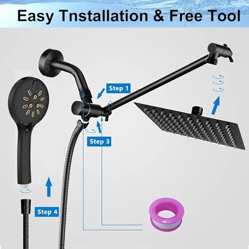 12 High Pressure Square Shower Head with 6-Function Adjustable Spray Handheld