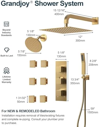 GRANDJOY Thermostatic Shower System Safe Dual Rainfall Heads for Luxury Showers
