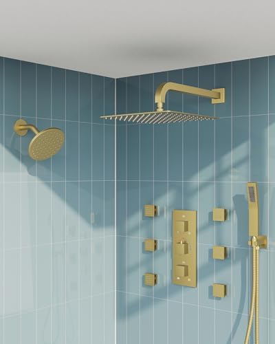 GRANDJOY Thermostatic Shower System Safe Dual Rainfall Heads for Luxury Showers