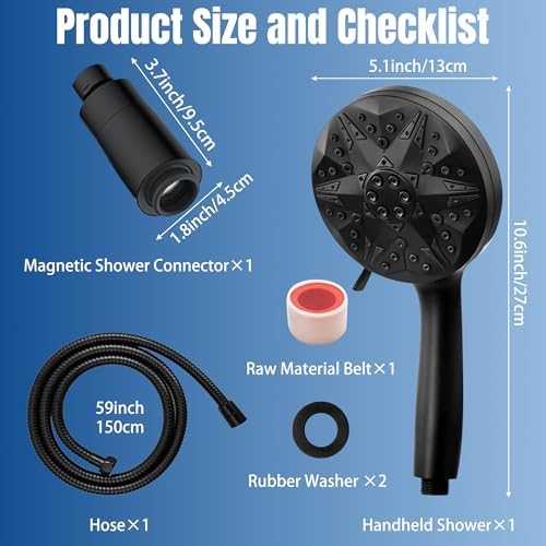 GQIRIL Magnetic Handheld Shower Head 10 Spray Modes for Hard Water