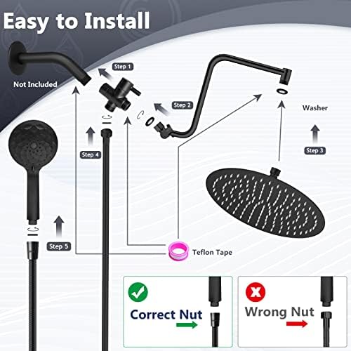 12-inch Rainfall Handheld Shower Combo High Pressure with 6 Spray Modes