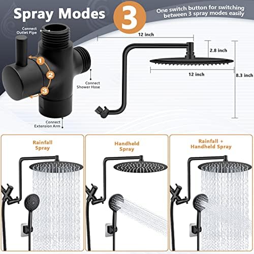12-inch Rainfall Handheld Shower Combo High Pressure with 6 Spray Modes