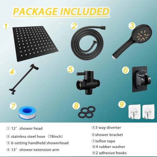 12 High Pressure Square Shower Head with 6-Function Adjustable Spray Handheld
