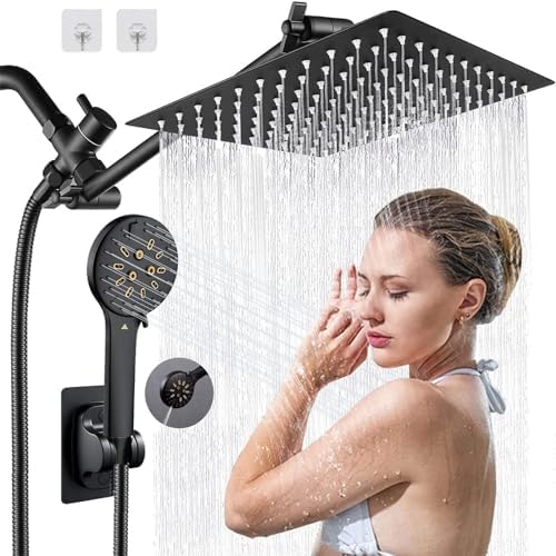 12 High Pressure Square Shower Head with 6-Function Adjustable Spray Handheld