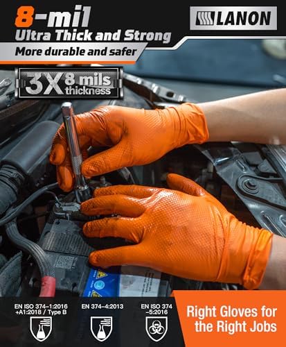 LANON 8mil Orange Nitrile Gloves Heavy-Duty Protection