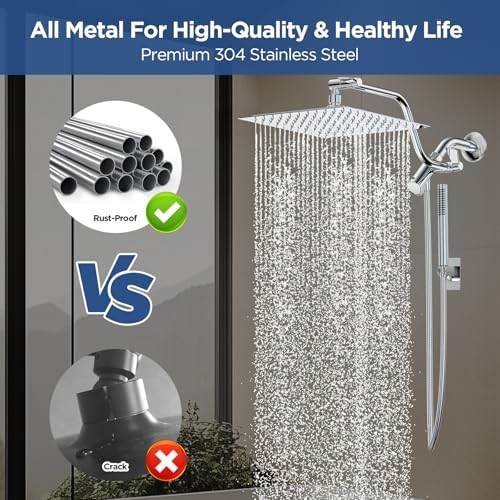 HOPOPRO 10 Inch All Metal Rain Shower Head Combo with Handheld