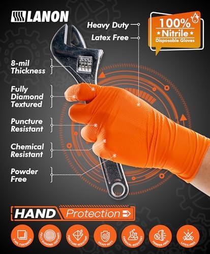 LANON 8mil Orange Nitrile Gloves Heavy-Duty Protection