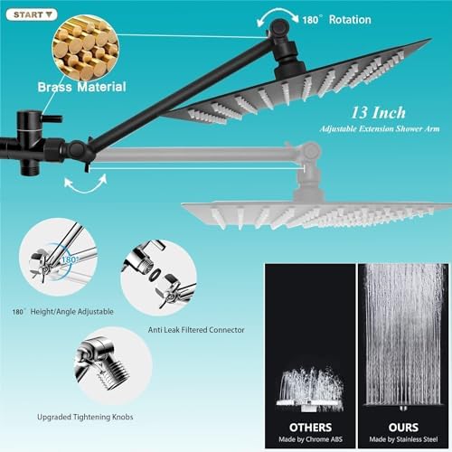 12 High Pressure Square Shower Head with 6-Function Adjustable Spray Handheld