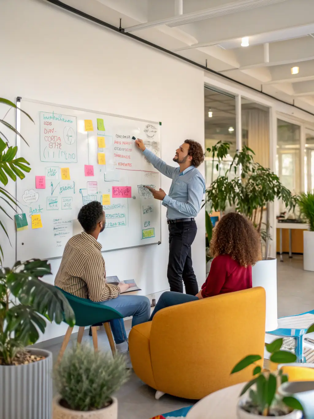 An image showcasing a team of consultants working on a digital strategy presentation, brainstorming ideas on a whiteboard in a modern office setting.