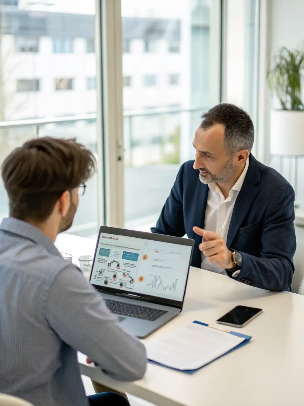 A professional consultant in a modern office setting, advising a client on digital transformation strategies, with a focus on technology integration.