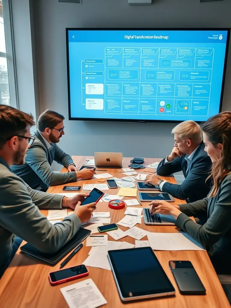 A team of consultants collaborating on a digital transformation strategy, illustrating THALIRON LTD's capabilities in digital solutions.