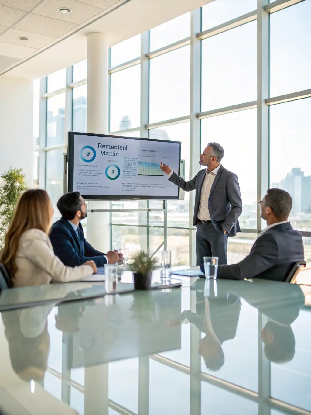An image of a consultant presenting a technology strategy to a group of executives in a boardroom, using charts and graphs to illustrate key points.