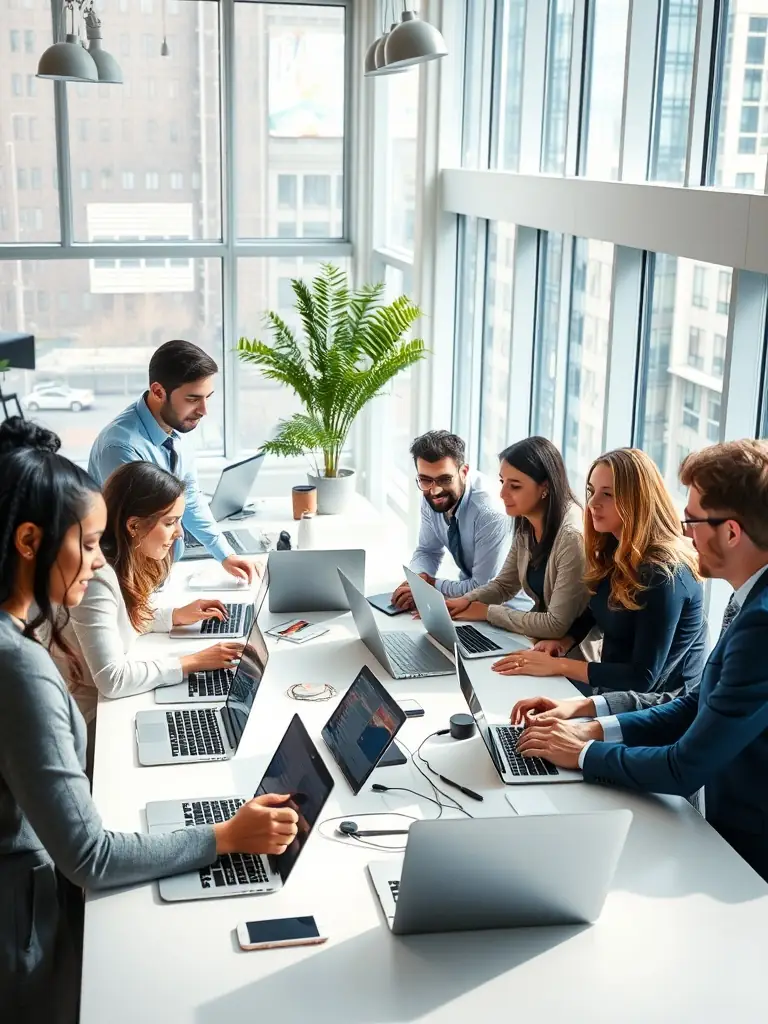 A team of technology consultants collaborating on a technology strategy development plan, using data analytics and market research.