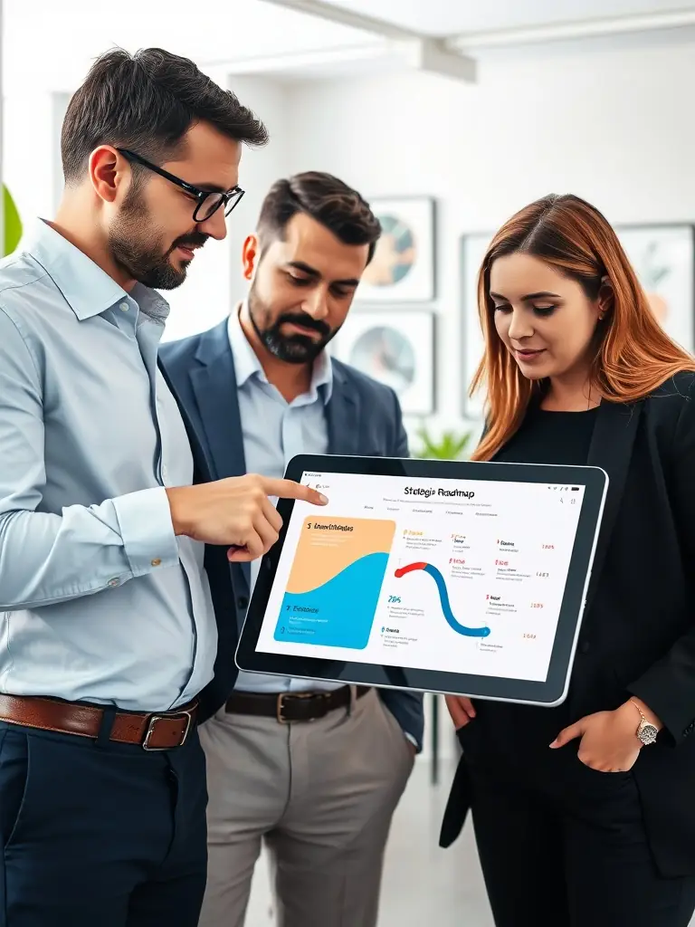 A consultant presenting a technology roadmap to a client, highlighting THALIRON LTD's proficiency in technology strategy development.